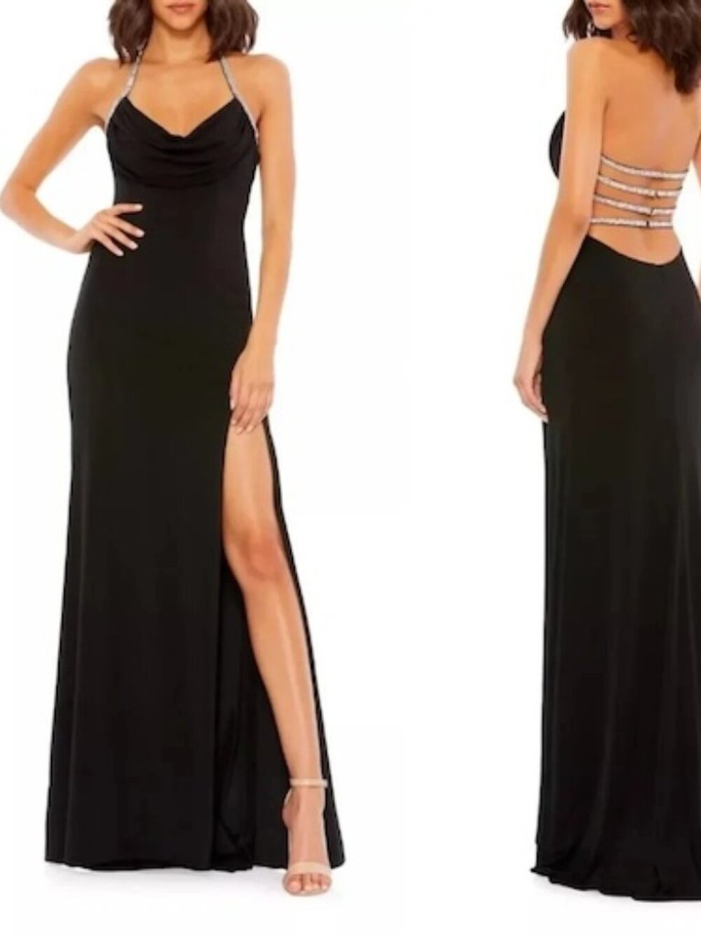Mac Duggal Black Embellished Cowlneck Backless Gown